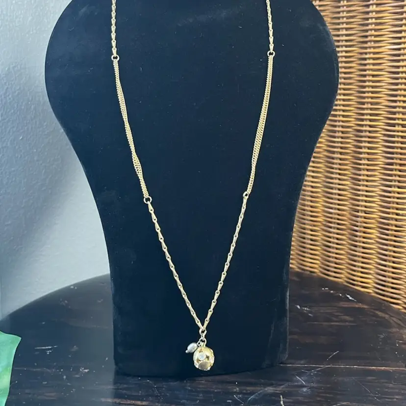 #J43 - Lia Sophia Long Gold Tone Necklace Ball & Faux Pearl Pendant - About 26”