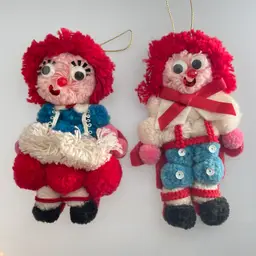 Raggedy Ann & Andy Yarn Pom Pom Felt Christmas Ornaments 1970s Vintage 4.75"