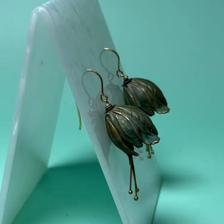 Green Patina Brass Tulip Bellflower Earrings Art Nouveau Gold Filled French Hook