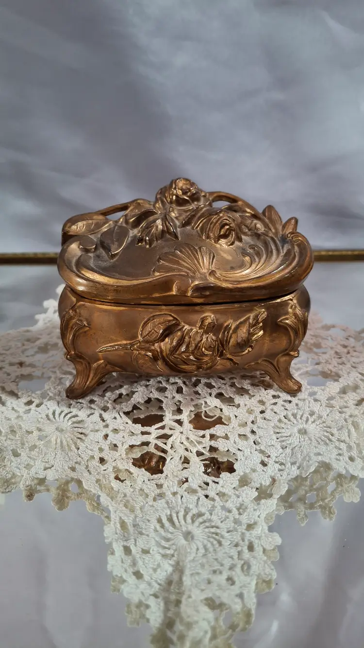 Antique Victorian Jewelry Casket with Raised Roses – Ornate Cast Metal Footed Box, No. 104, Circa Early 1900s