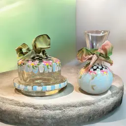 Vintage Set Hand Painted Floral Pattern Glass Butter Dish 2pc Dome over Dish 3.5” Matching Bud Vase 4” Paige Hanley Home