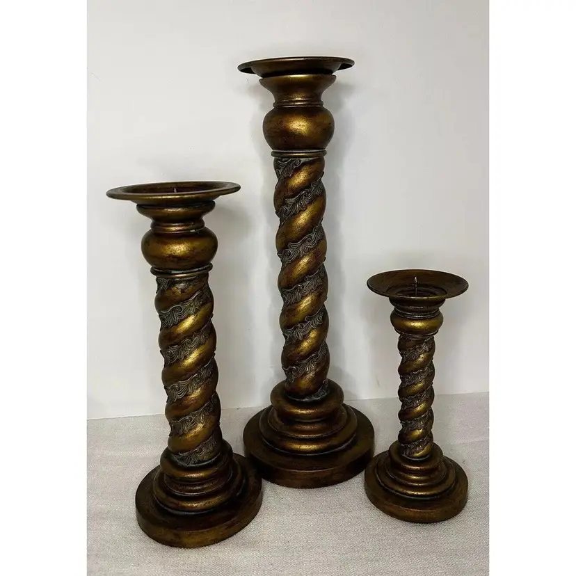 Vintage Trio Elegant Tall Pillar Candle Holders Antique Gold Finish