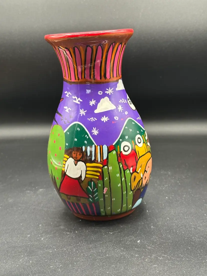 Mexican Storyteller Pottery Vase Folk Art Clay Multicolor Hand Painted
