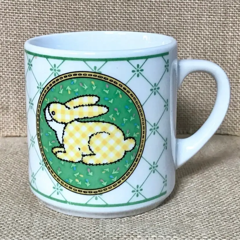 Vintage Bunny Rabbit Coffee Mug Cup Yellow White Green Whimsical Twee Easter