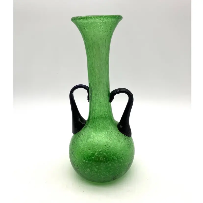 12 - Vintage Green Bubble Glass Handblown Vase With Wonky Black Applied Handles 7.75β