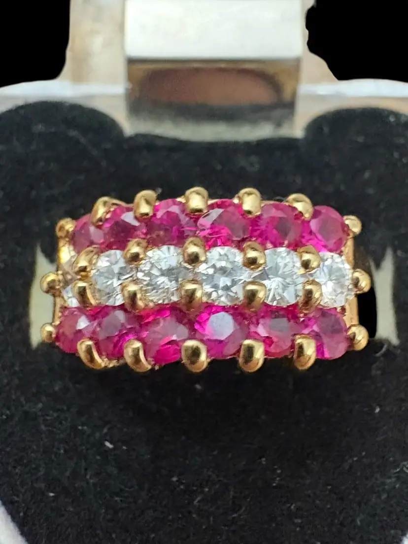 #01 94. 925 Gold Vermeil Hollywood Collection Jean Harlow Ruby and CZ Ring- Sz 7