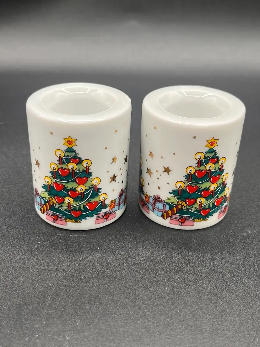 **Pair Of West German Porcelain Christmas Tree Cylinder Candle Holder 2”
