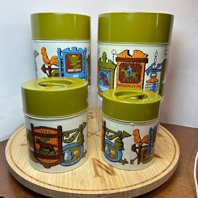 Vintage Set Of 4 Holt Howard “Tavern” Themed Aluminum Canisters With Avocado Green Lids 1970’s