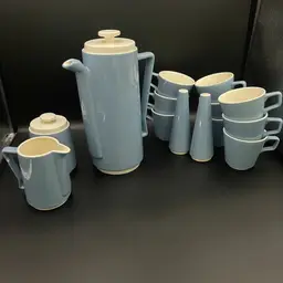 Homer Laughlin Orbit Vista Blue Coffee Pot, 9 Cups, Creamer & Sugar Set and Salt & Pepper Shakers