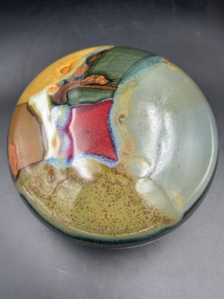 Signed Studio Art Pottery Glazed Lidded Bowl, Art Deco Design