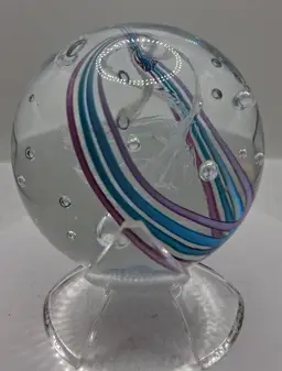 Vintage Robert Hamon Multi-Color Ribbon Swirls, Controlled Bubble Glass Orb on Stand, Paperweight