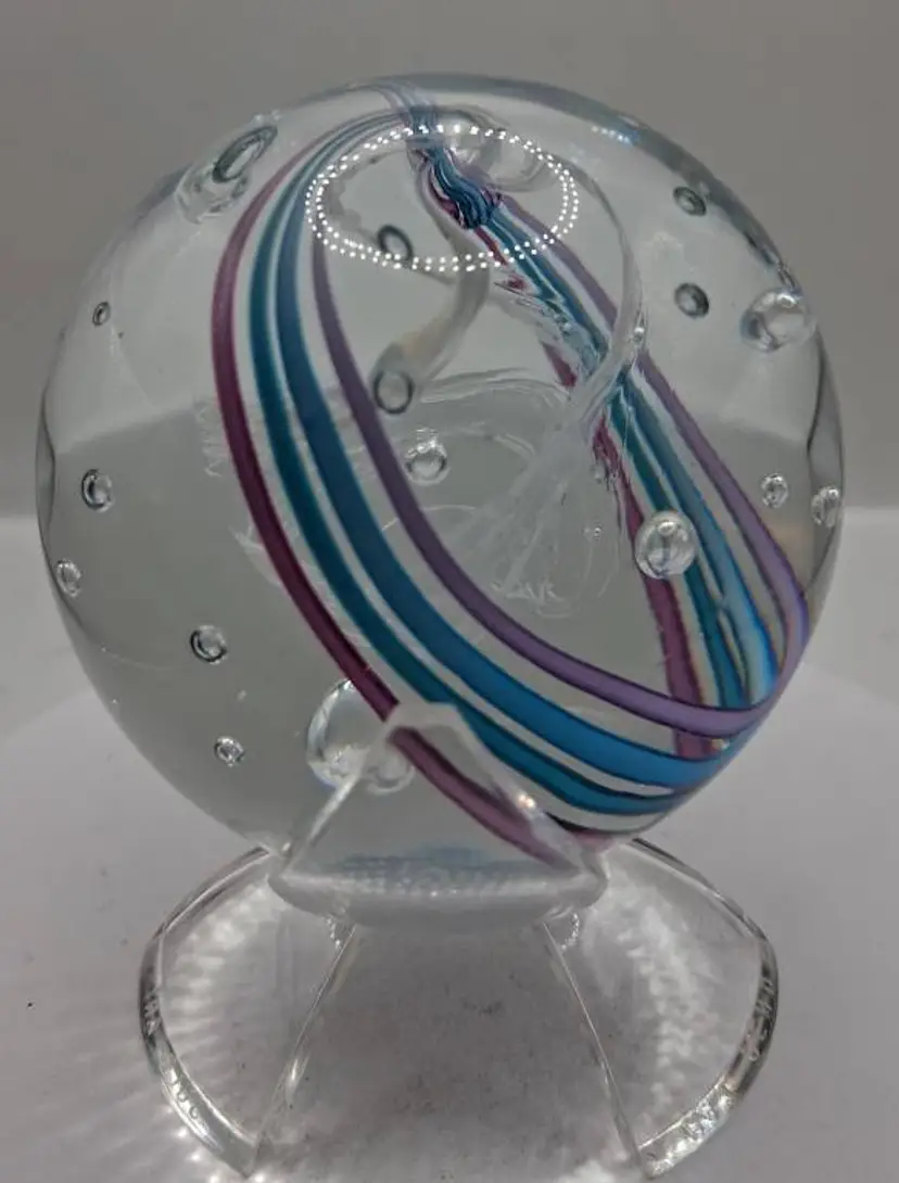 Vintage Robert Hamon Multi-Color Ribbon Swirls, Controlled Bubble Glass Orb on Stand, Paperweight