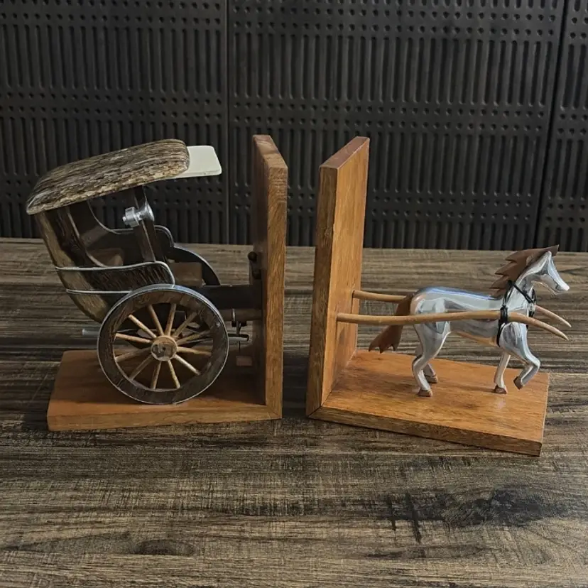 Vintage Handmade Wooden Horse & Carriage Bookends