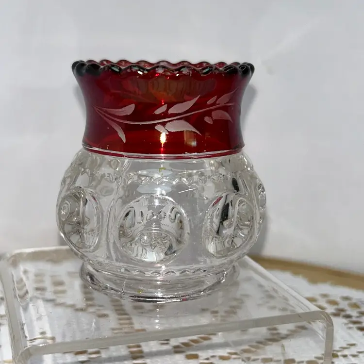 Kings Crown Ruby and Clear Flash Thumbprint Design Toothpick Holder EAPG With Etching In The Ruby Rim