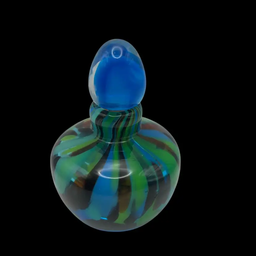 Murano Art Glass Perfume Bottle With Stopper, 5” Tall x 3” Wide