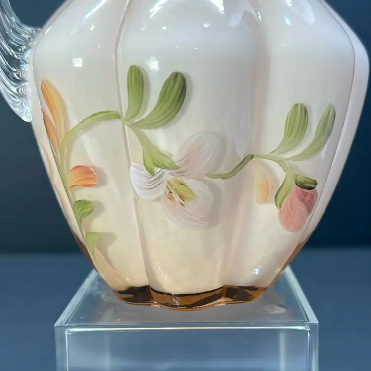 Fenton Art Glass Melon Pitcher Peach Pink Hand Painted Floral Pattern