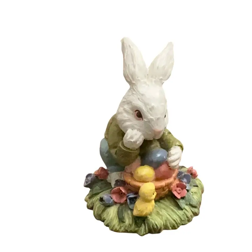 Adorable Table Decor Resin Bunny With Basket Of Eggs And Chick Friend 3 1/4β X 2 3/4β