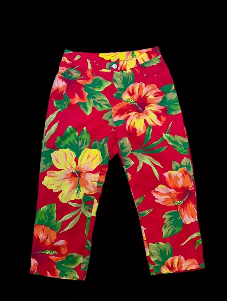 Women’s Vintage Ralph by Ralph Lauren Bright Ruby Red Yellow Green Hibiscus Tropical Flower Straight Fitted Petite Capri Pants US Size XS/0