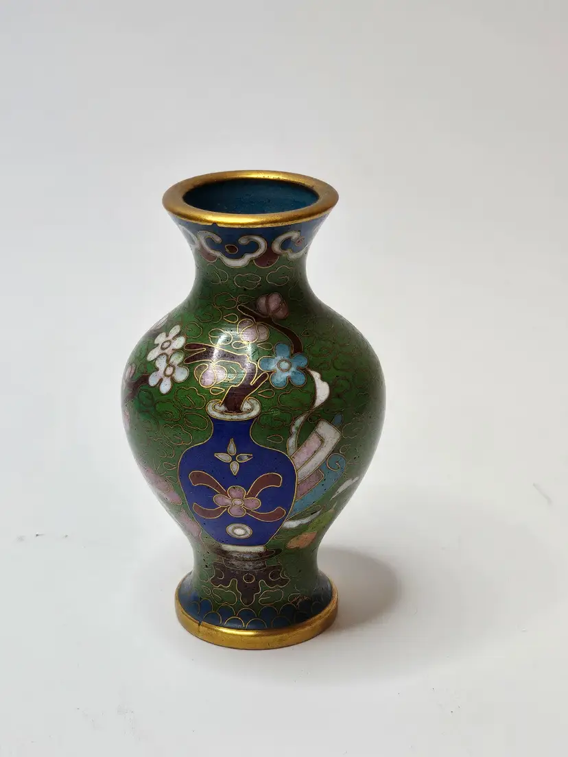 Vintage Miniature Green Cloisonne And Gold Tone Vase Cobalt Blue Tree Flowers