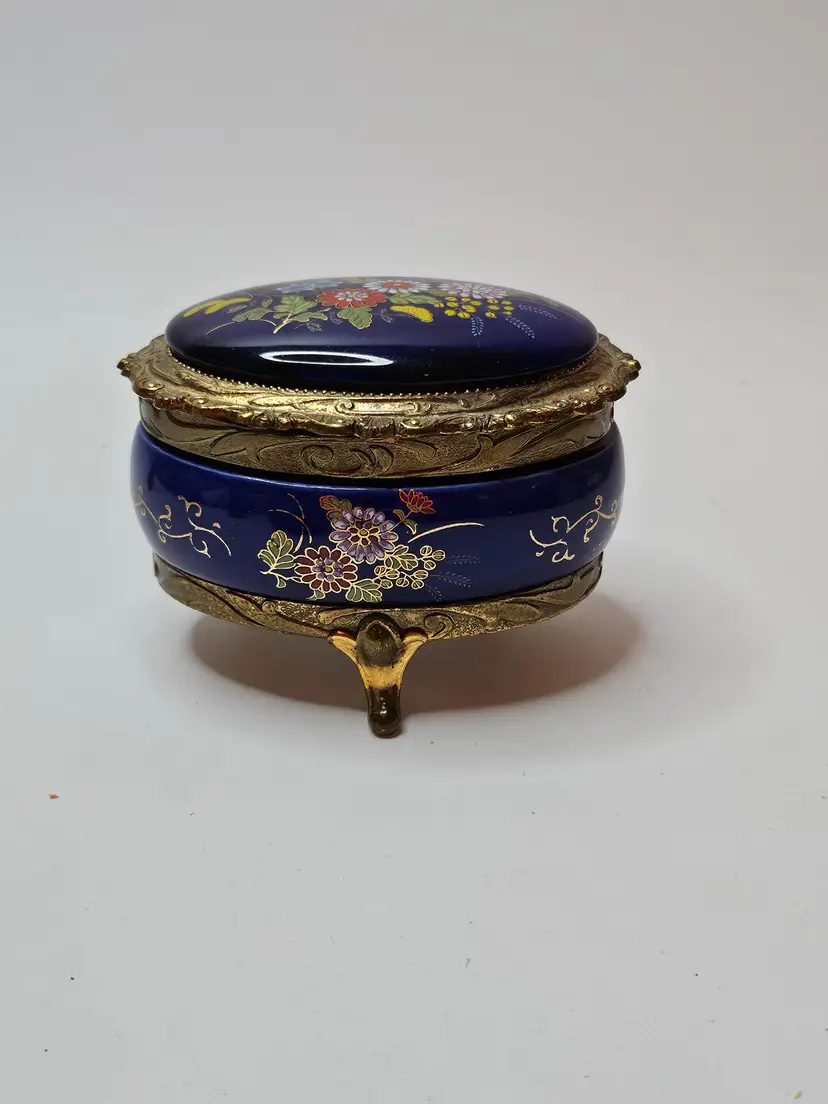 Vintage Ornate Cobalt Blue Enamel MUSIC BOX Jewelry Trinket Floral Gold Tone
