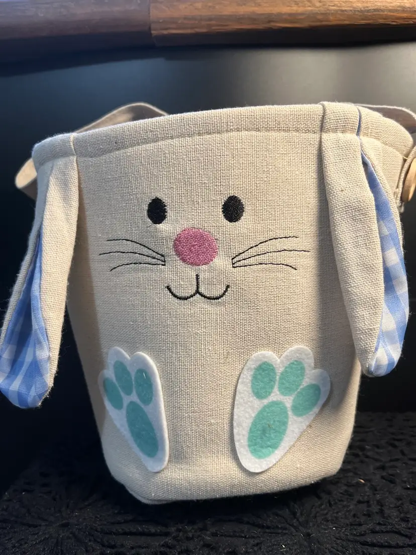 Easter Fabric/Canvas Bunny Basket-Blue/White Gingham Inside. Embroidered Bunny Face