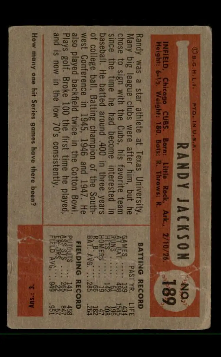 1954 Bowman #189 Randy Jackson - (pk-tl3) - Chicago Cubs