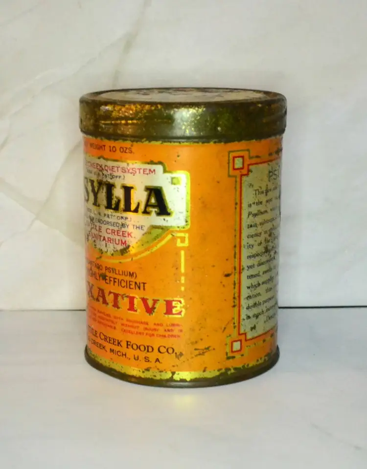 Vintage Tin Battle Creek Food Company Psyalla Laxative Medical Use Over The Counter