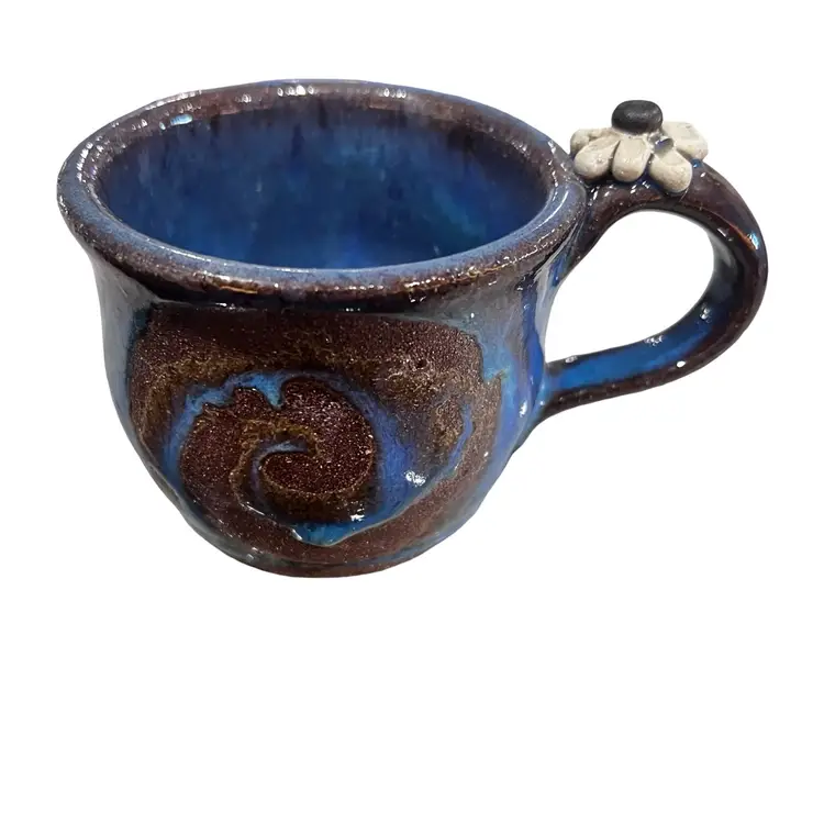 Vintage Signed Farmhouse Rustic Spring Pottery Mug Whimsical Blue Glazed