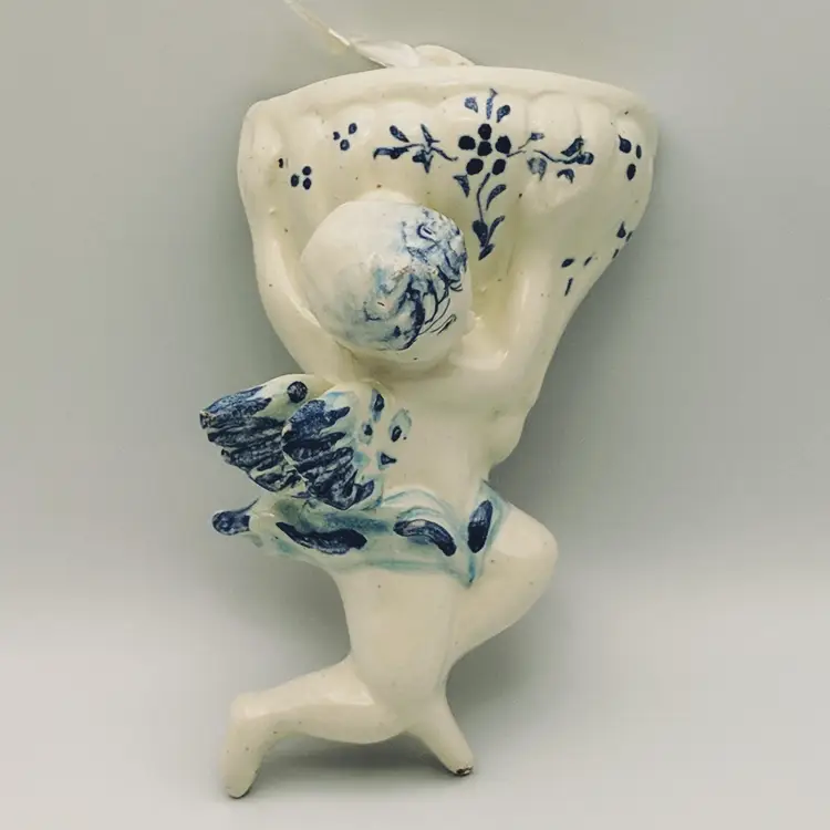 Vtg Holy Angel Cherub Holy Water Font Hand Painted Blue White Ceramic Wall Mount