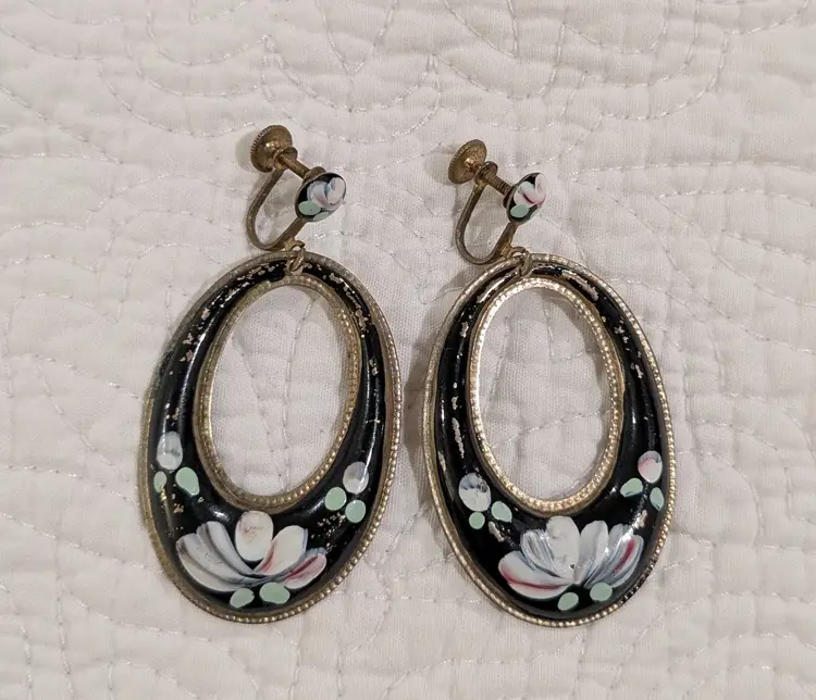Vintage Hand Painted Screw Back Earrings with Pale Pink Flowers Over Black Enamel
