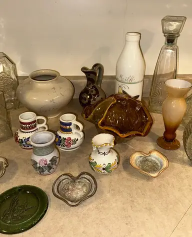 Pottery, Art Glass, Decanters, MilkGlass Decor Paperweights