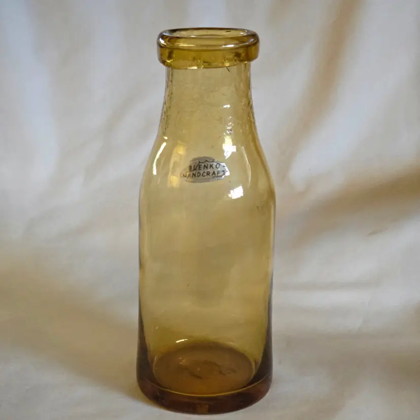 BLENKO Glass Milk Bottle Hand Blown Amber Crackle Top Original Sticker 8½" Tall