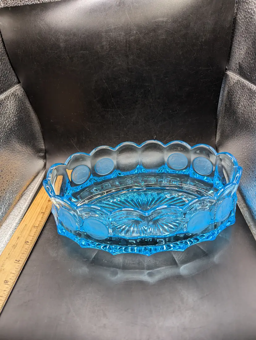 Vintage Fostoria Glass Coin Aqua Ice Blue Oval  Bowl Liberty.