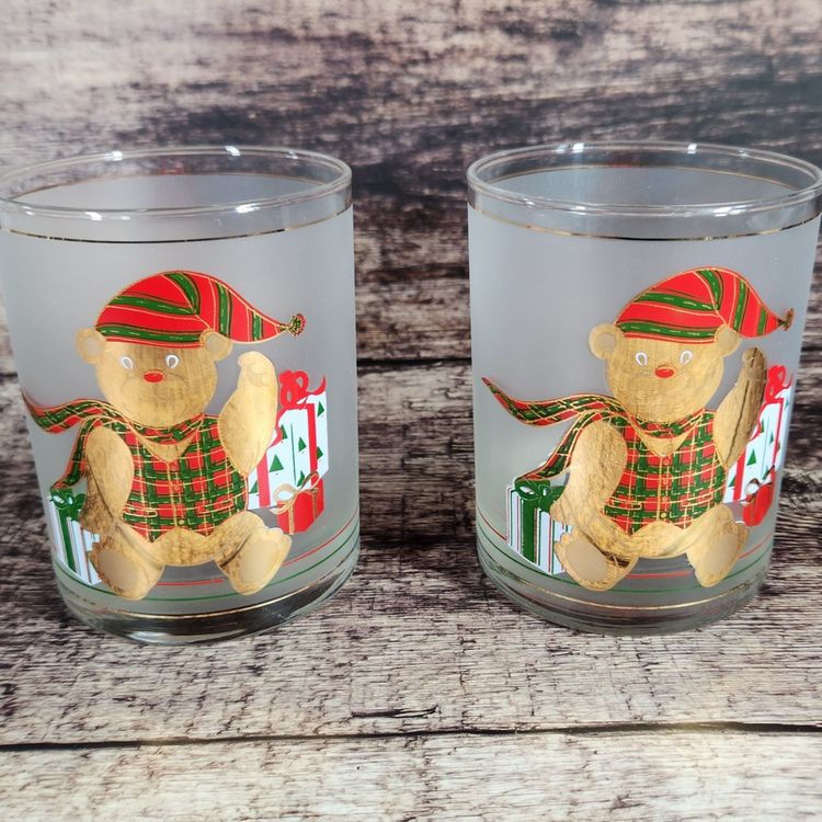 Culver Christmas Bear Whisky Glass Teddy w 22K Gold Trim Drinking Glasses Signed Lowball Cocktail Barware – USA (NY)