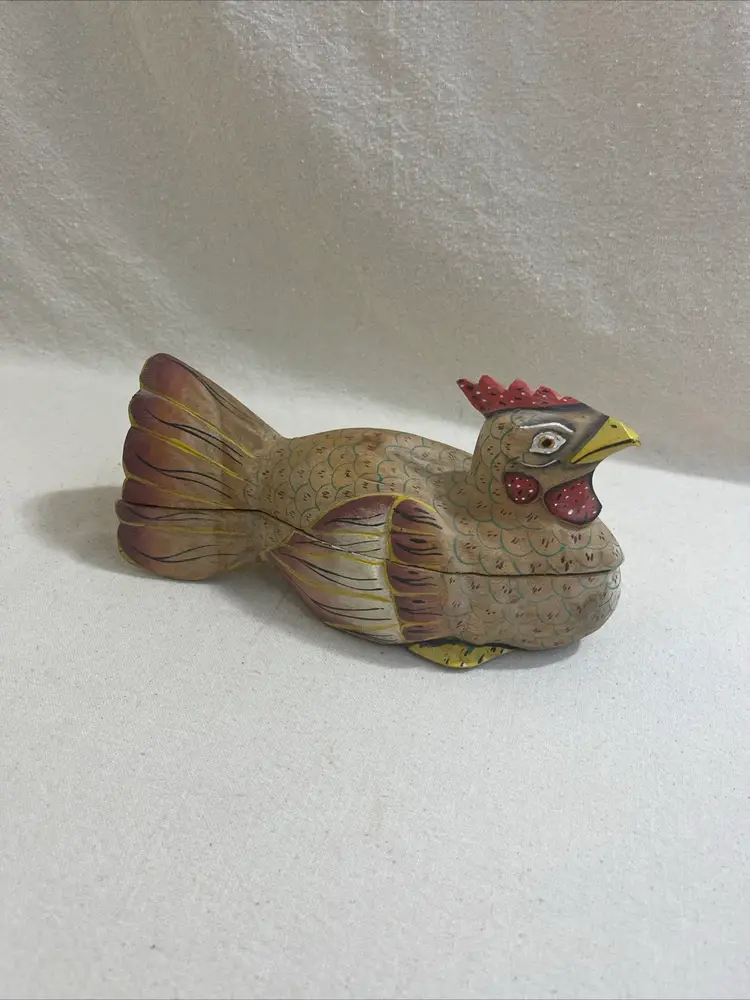 Hand Carved Wood Chicken Trinket Box Unique Eclectic Maximalist Farmhouse Decor