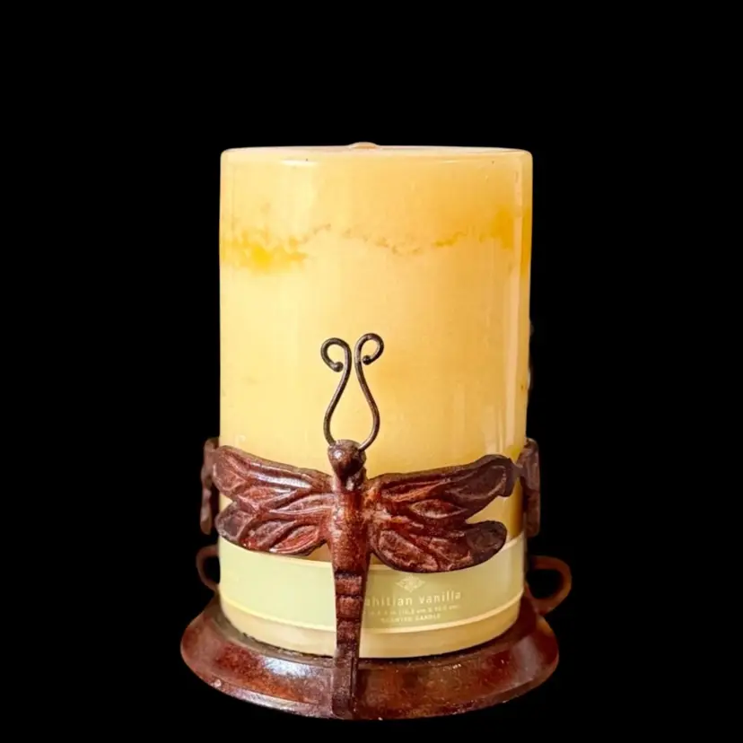 Vintage Dragonfly Candle Holder With 6” x 4” Tahitian Yellow Vanilla Scented Candle Brown Weathered Look Candle Holder