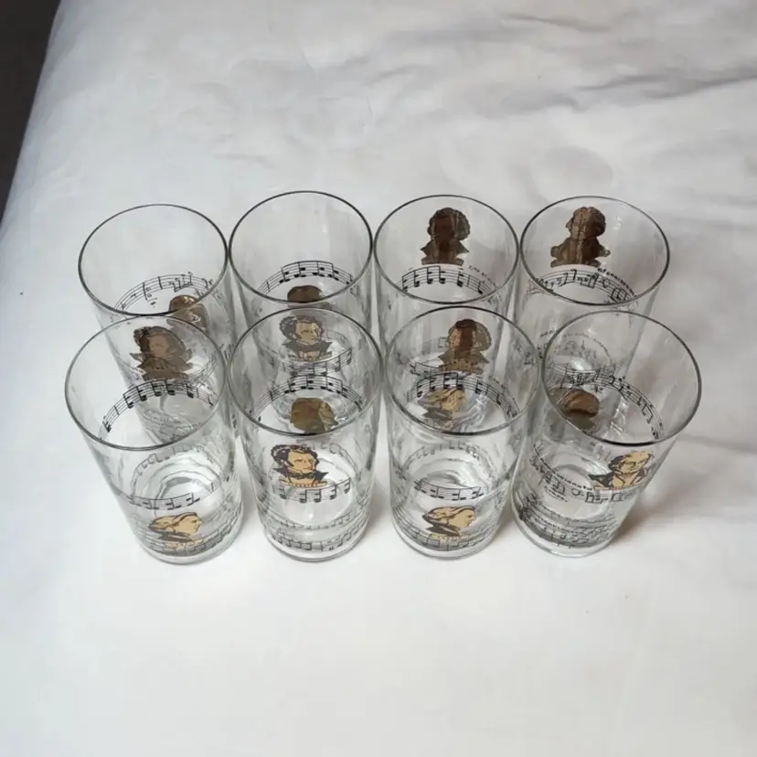 Set Of 8 Composer Glasses - Schubert and Chopin, Beethoven and Bach, Music Glass