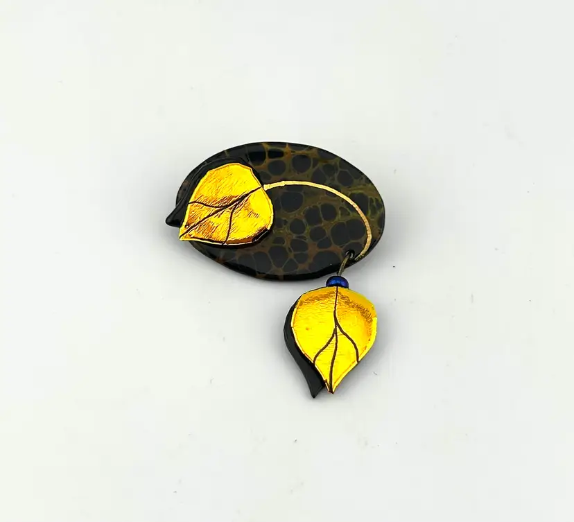 Artisan Made Glass Gold Leaf Brooch 1.5”x 1.75”