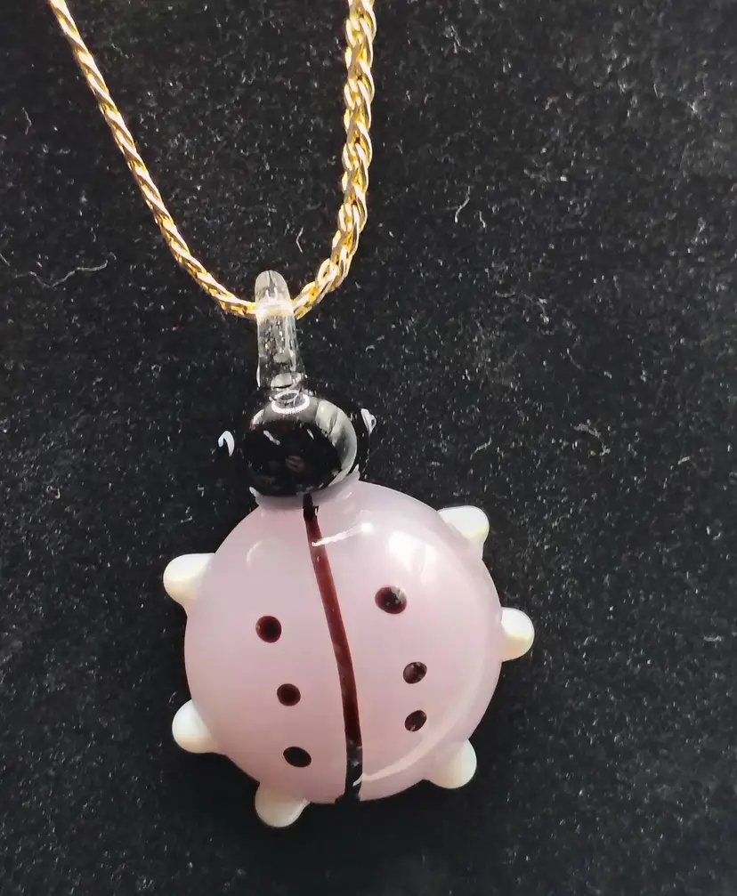 Art Glass Pink & Black Lady Bug Pendant on Gold Tone Chain