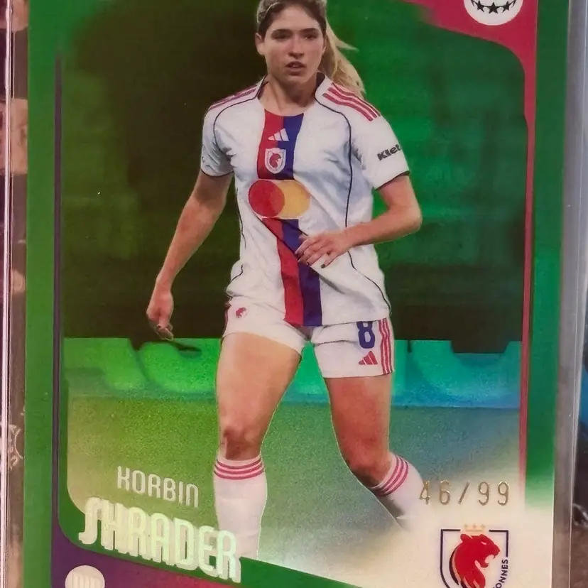 Korbin Schader 2025/26 Topps Chrome UWCL Green Refractor /99 Lyon USNWT