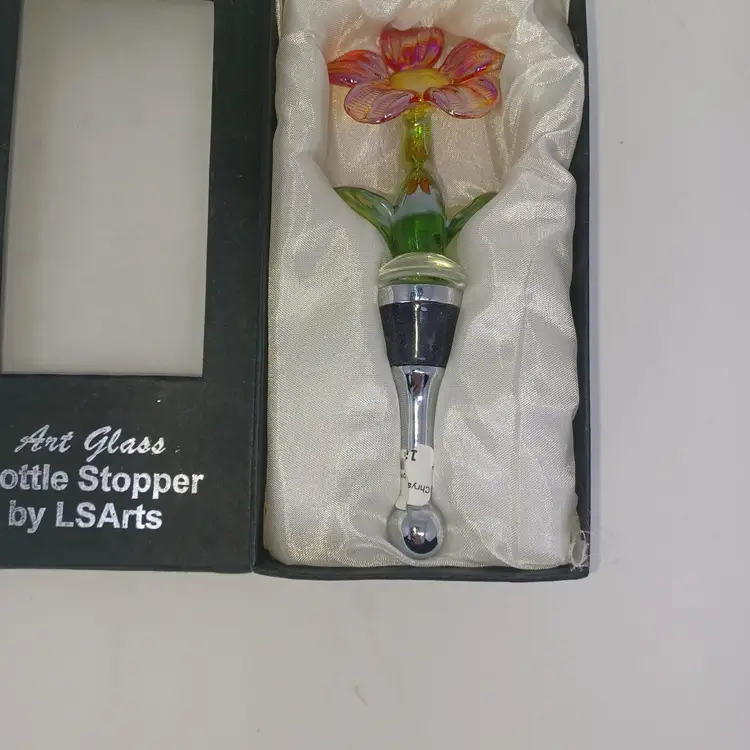 LSArts Art Glass Pink Flower Bottle Topper Stopper Metal