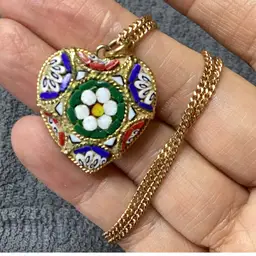 Vintage Made In Italy Micromosaic Heart Pendant Necklace 20”
