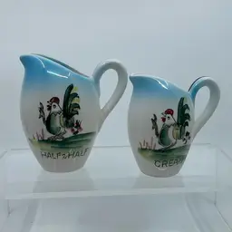 Vintage Kitsch Set Ceramic Half & Half And Cream Pitchers Hand Painted Roosters JAPAN