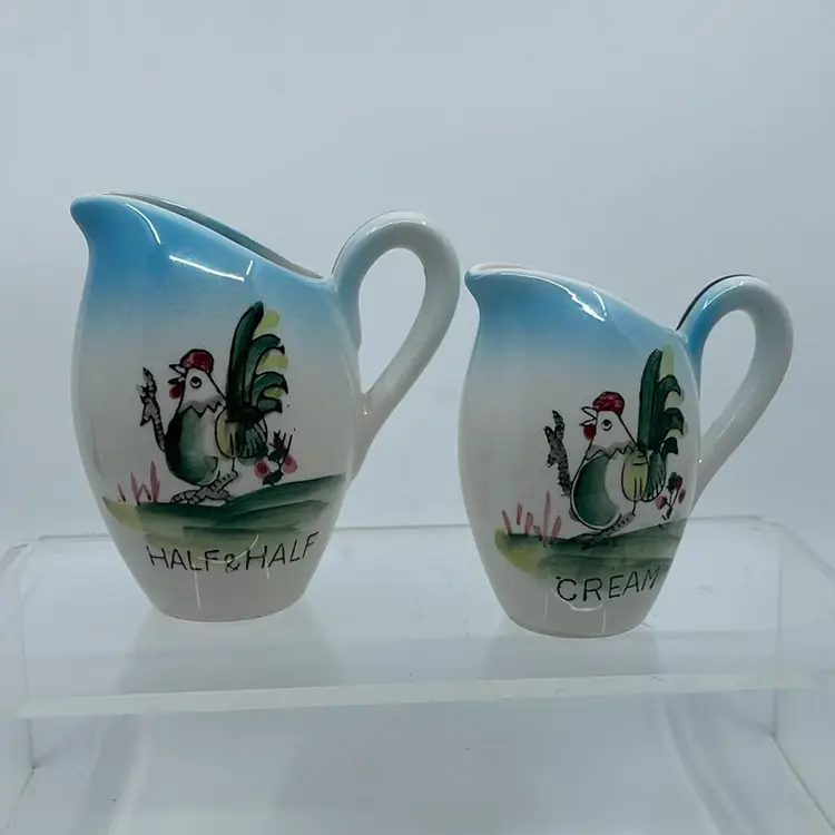 Vintage Kitsch Set Ceramic Half & Half And Cream Pitchers Hand Painted Roosters JAPAN
