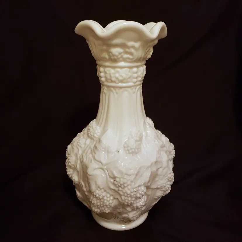 Milk Glass Vase Loganberry Grape Pattern White Imperial Glass 10.25” T Vintage 