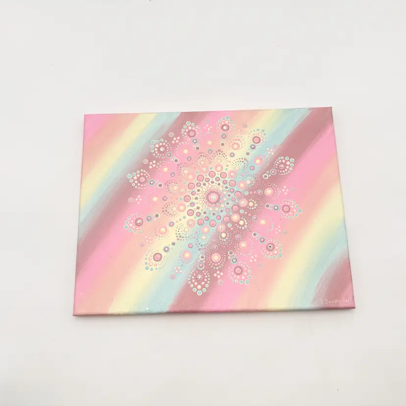 Hand Painted Cotton Candy Rainbow Dot Mandala Acrylic Canvas 11" X 14"
