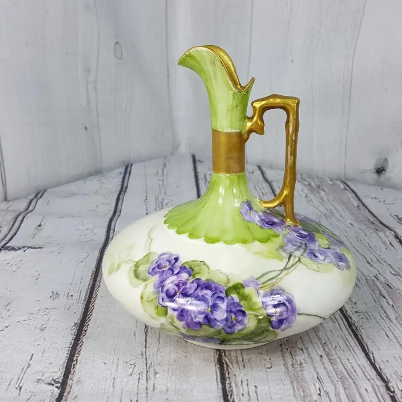 Vintage Limoges AK 135 France Hand Painted Disc Pitcher Green w Purple Flowers