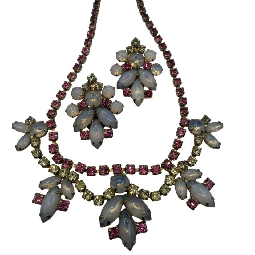 vintage Juliana style earrings and necklace with navette-shaped opalescent moon glass stones and pink rhinestones