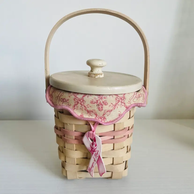 Longaberger Basket 2002 Whitewashed Horizon Of Hope Set Lid, Tie-on, Liner