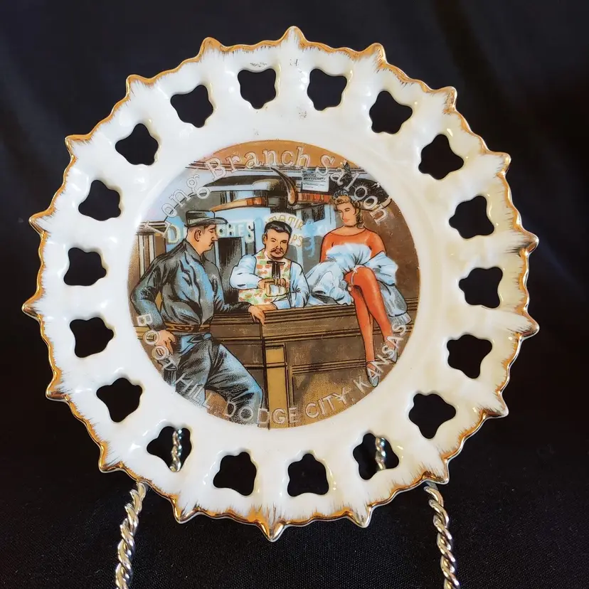Long Branch Saloon Souvenir Plate Porcelain Reticulated Dodge City Kansas 5 5/8"
